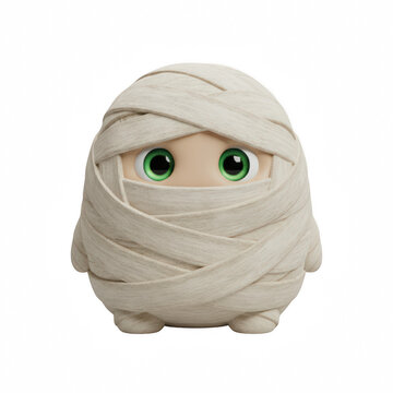 Cute little mummy character with big green eyes wrapped in bandages for a fun halloween holiday celebration