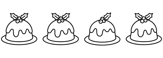 Obraz premium A row of four hand drawn christmas pudding icons with holly leaves isolated on a white background