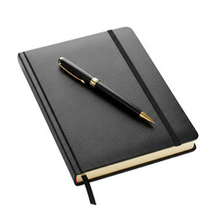 Naklejka premium Black leather bound notebook with a matching premium ballpoint pen resting on top isolated on a transparent background