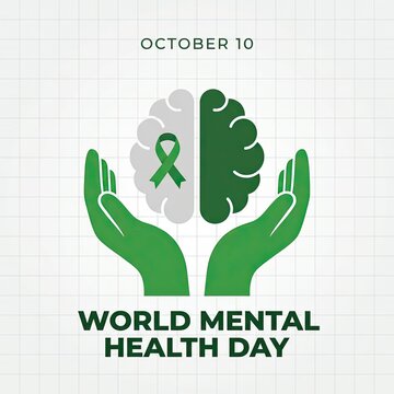 Conceptual illustration for world mental health day featuring a human brain held by protective green hands