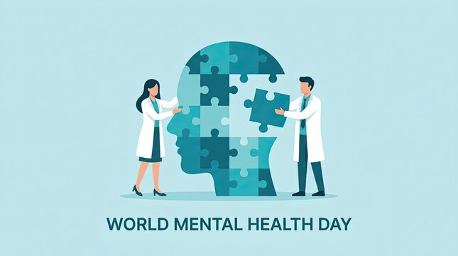 Doctors assembling a jigsaw puzzle head to represent support and care for world mental health day awareness