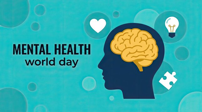Conceptual illustration of a human head with a brain for world mental health day awareness campaign