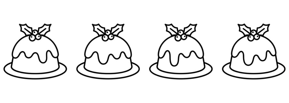 Four christmas puddings with holly leaves and berries in a simple black and white line art style