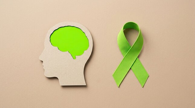 Wooden head silhouette with a green brain and awareness ribbon for world mental health day concept