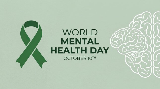 Green awareness ribbon and human brain illustration for the annual observance of world mental health day event