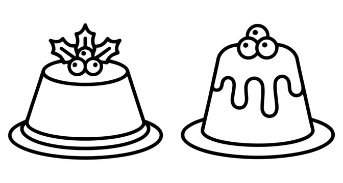 Black and white line art illustration of two traditional christmas puddings with holly and icing decorations