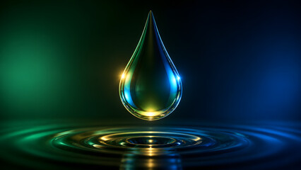 Fototapeta premium Green blue glowing water droplet falling with golden light accent on dark abstract background design
