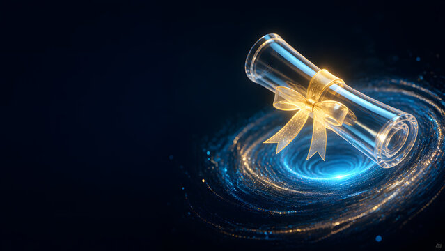 Diploma scroll tied with golden ribbon floating above glowing spiral background representing education achievement graduation success