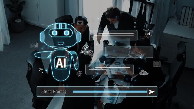 Professionals in a modern office engaging in a collaborative meeting with the assistance of an artificial intelligence interface, enhancing productivity and communication dynamics. Raster