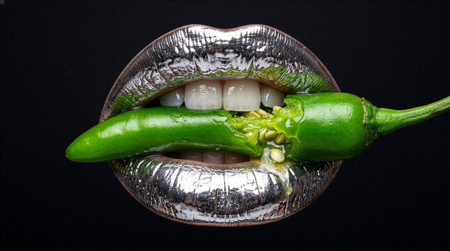 Silver metallic lips biting into fresh green chili pepper