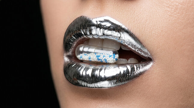 Metallic silver lips holding clear capsule with colorful beads