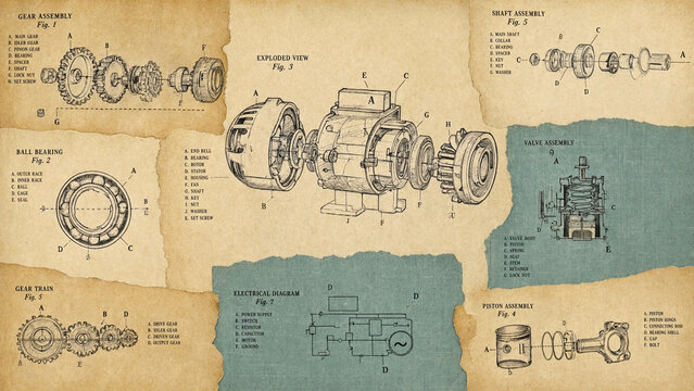Vintage mechanical engineering blueprints with technical machine schematics on aged paper