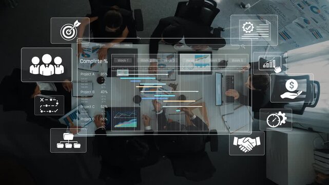 Aerial view of business professionals engaged in project management and collaboration. The digital interface showcases charts and progress timelines for effective teamwork. Raster