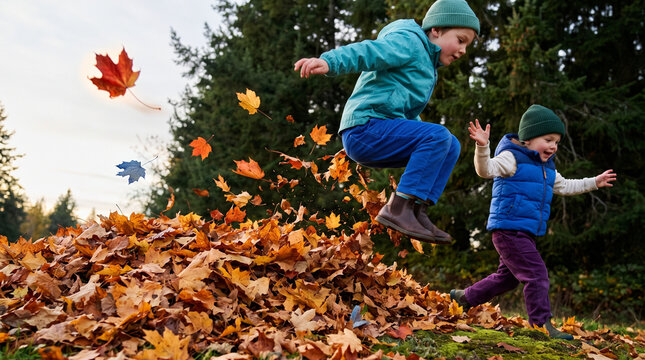 Two children playing and jumping in a pile of autumn leaves  