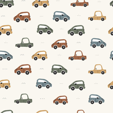 Modern Scandinavian seamless pattern featuring cute hand-drawn cars in soft pastel colors with minimalist doodle elements. trendy Nordic style with neutral color. for nursery decor, children textiles