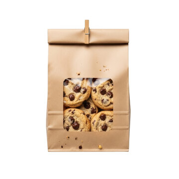 Brown paper bag with chocolate chip cookies inside isolated on transparent background for bakery branding