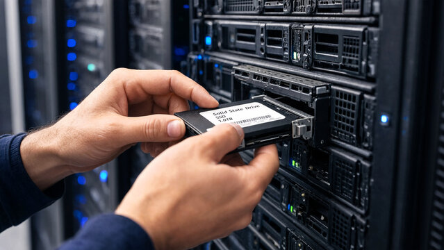 Technician installing SSD drive into server rack in data center for hardware maintenance