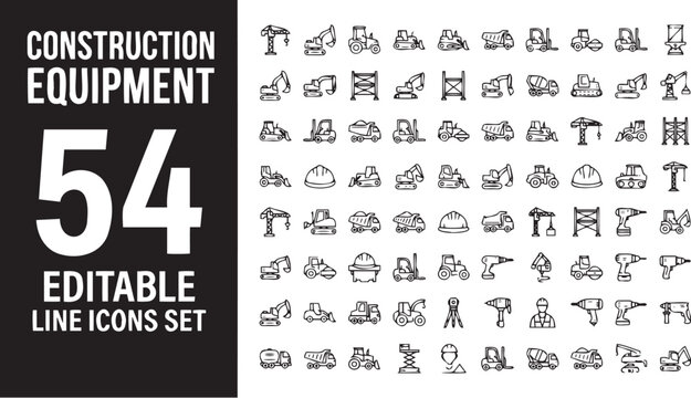 Construction equipment vector icon set displaying fifty four editable black line illustrations for industrial building site projects and engineering tasks