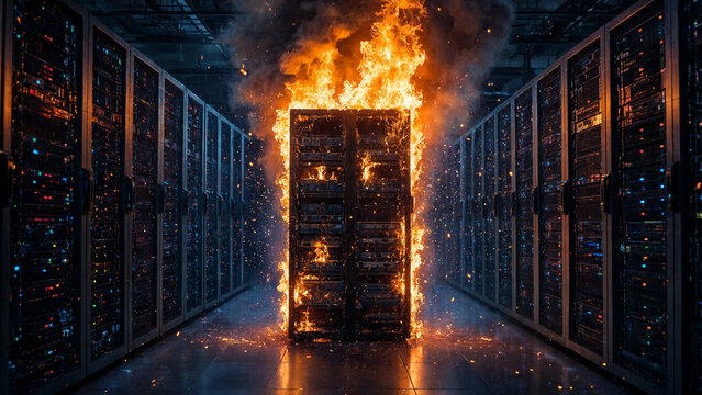 Server rack on fire in data center, catastrophic IT infrastructure failure and emergency
