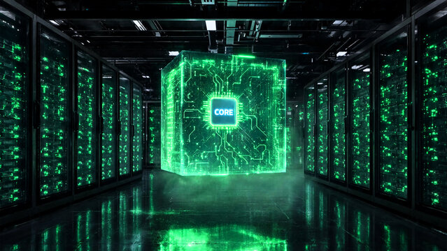 Glowing digital cube in a modern server room data center for cloud computing technology.