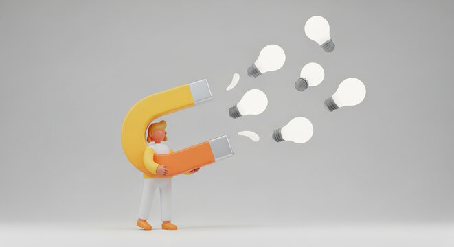 Cartoon person holding a large horseshoe magnet attracting light bulbs. ideas and imagination