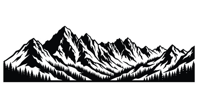Mountain range silhouette illustration features a detailed black and white landscape
