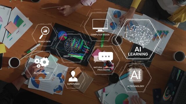 A diverse group of professionals collaborates in an office, showcasing artificial intelligence concepts with graphics, symbols, and technology tools during a brainstorming session. Raster