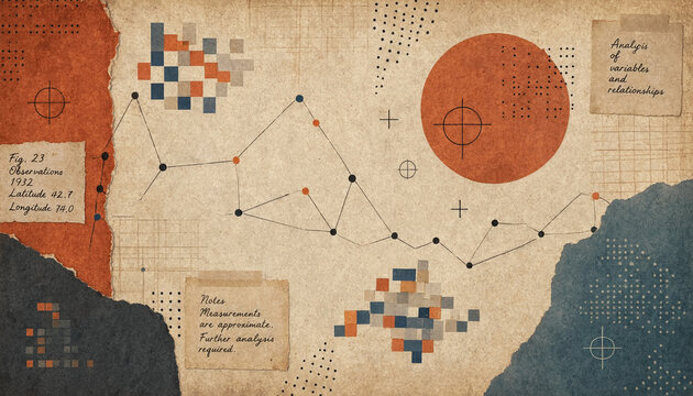 Abstract data collage background with vintage paper texture and digital pixel elements.