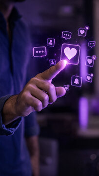 Man touching glowing social media icons and heart symbol in a digital interface.