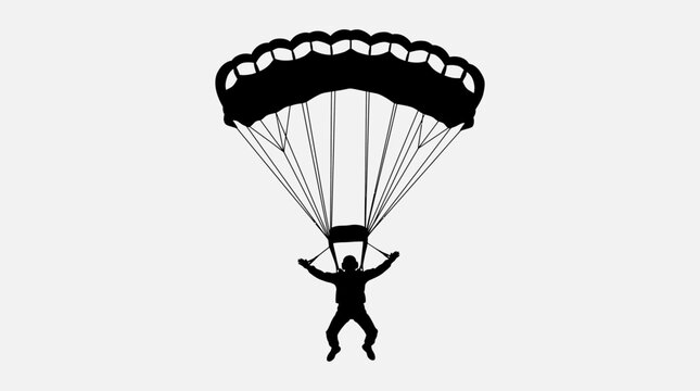 A dark silhouette of a skydiver descends gracefully from a great height with a fully open parachute on a simple backdrop