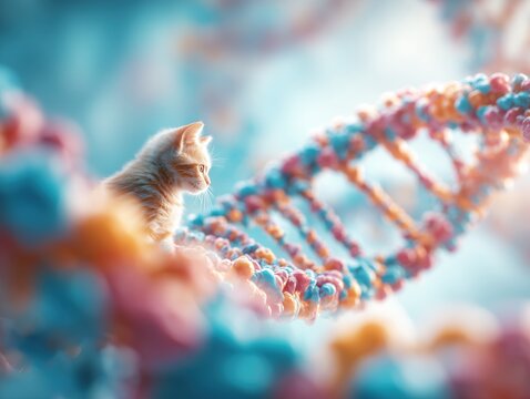 cat and colorful dna strand in a surreal environment