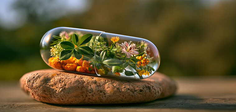 Transparent capsule filled with herbs and flowers resting on stone outdoors. Natural herbal supplement and organic medicine concept. Alternative pharmacy and holistic wellness