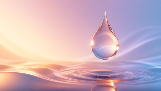 Water droplet falling above rippling pond under golden sunrise light with soft pastel sky reflection