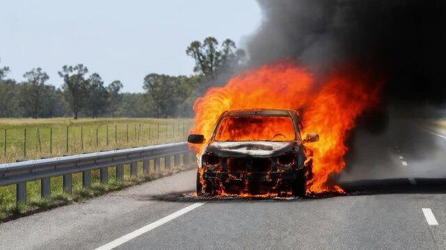 Vehicle burns on open highway as orange flames spread and dense smoke rises