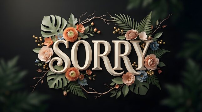 Floral typography reading sorry with lush leaves and blossoms artistic illustration for apology concepts