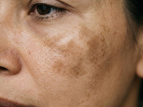 Woman face showing hyperpigmentation and sun spots on the cheek skin