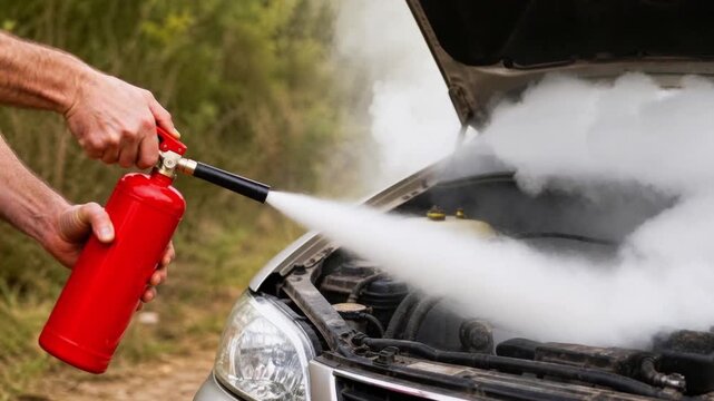 Person sprays fire extinguisher into smoke-filled car engine bay during roadside emergency