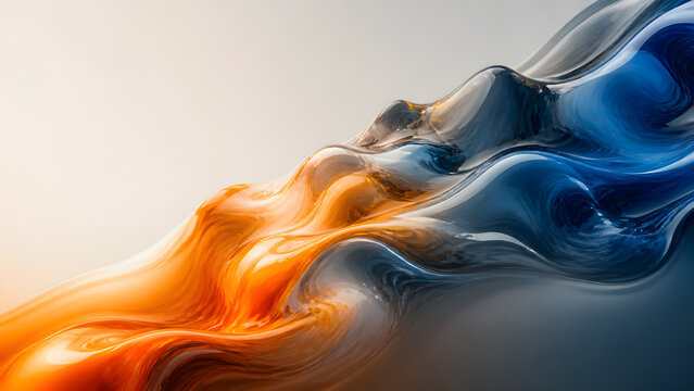 Orange and blue liquid wave swirling together in smooth abstract fluid motion with glossy texture design