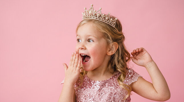 Little princess with crown isolated on pink background doing surprise gesture while looking to the side Christmas 2027  