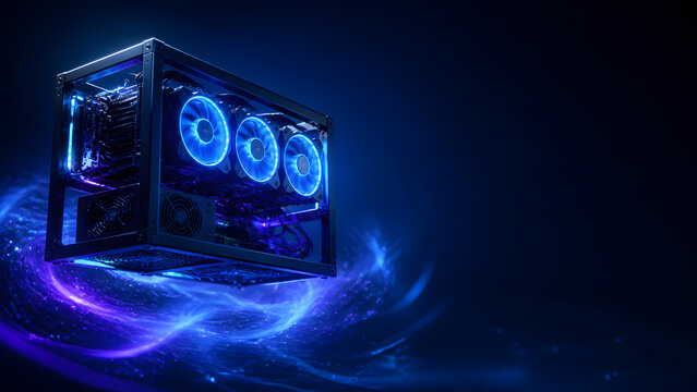 futuristic open pc computer case with glowing blue fans floats above swirling purple light background