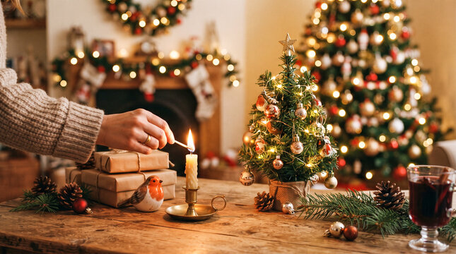 Una mano enciende con una cerilla una vela sobre una mesa de madera decorada, junto a un peque&ntilde;o pino navide&ntilde;o, casita de jengibre y un &aacute;rbol iluminado de fondo.
