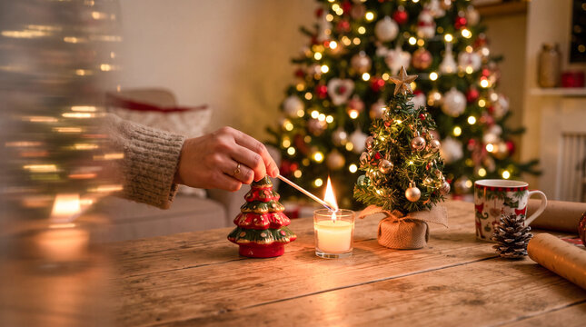 Una mano enciende con una cerilla una vela sobre una mesa de madera decorada, junto a un peque&ntilde;o pino navide&ntilde;o, casita de jengibre y un &aacute;rbol iluminado de fondo.