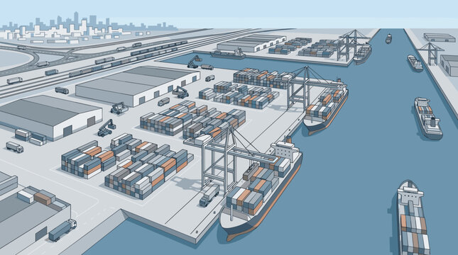 Busy international shipping port with container ships and cargo cranes