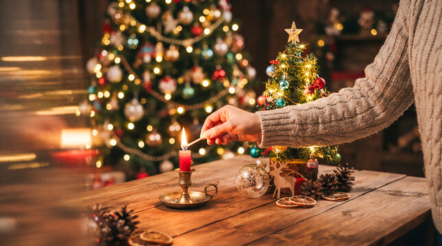 Una mano enciende con una cerilla una vela sobre una mesa de madera decorada, junto a un peque&ntilde;o pino navide&ntilde;o, casita de jengibre y un &aacute;rbol iluminado de fondo.