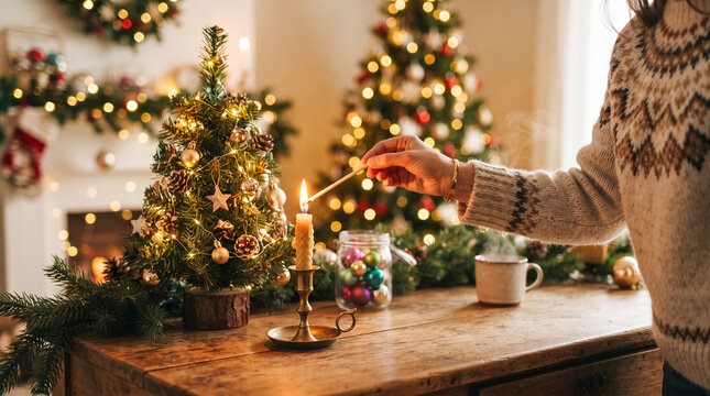 Una mano enciende con una cerilla una vela sobre una mesa de madera decorada, junto a un peque&ntilde;o pino navide&ntilde;o, casita de jengibre y un &aacute;rbol iluminado de fondo.