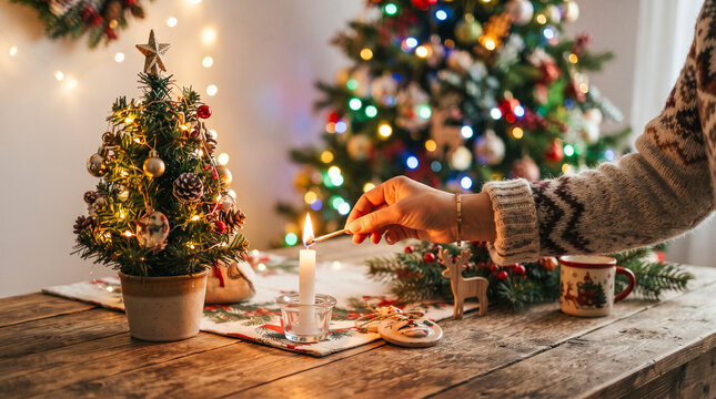 Una mano enciende con una cerilla una vela sobre una mesa de madera decorada, junto a un peque&ntilde;o pino navide&ntilde;o, casita de jengibre y un &aacute;rbol iluminado de fondo.