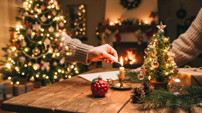Una mano enciende con una cerilla una vela sobre una mesa de madera decorada, junto a un peque&ntilde;o pino navide&ntilde;o, casita de jengibre y un &aacute;rbol iluminado de fondo.