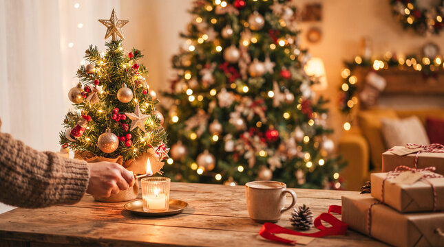 Una mano enciende con una cerilla una vela sobre una mesa de madera decorada, junto a un peque&ntilde;o pino navide&ntilde;o, casita de jengibre y un &aacute;rbol iluminado de fondo.