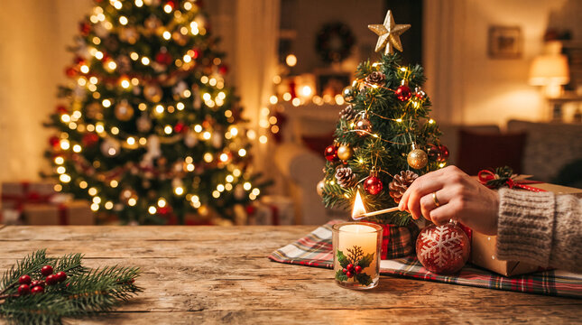 Una mano enciende con una cerilla una vela sobre una mesa de madera decorada, junto a un peque&ntilde;o pino navide&ntilde;o, casita de jengibre y un &aacute;rbol iluminado de fondo.