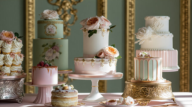 Elegant wedding and celebration cakes showcasing floral designs and intricate details on decorative stands